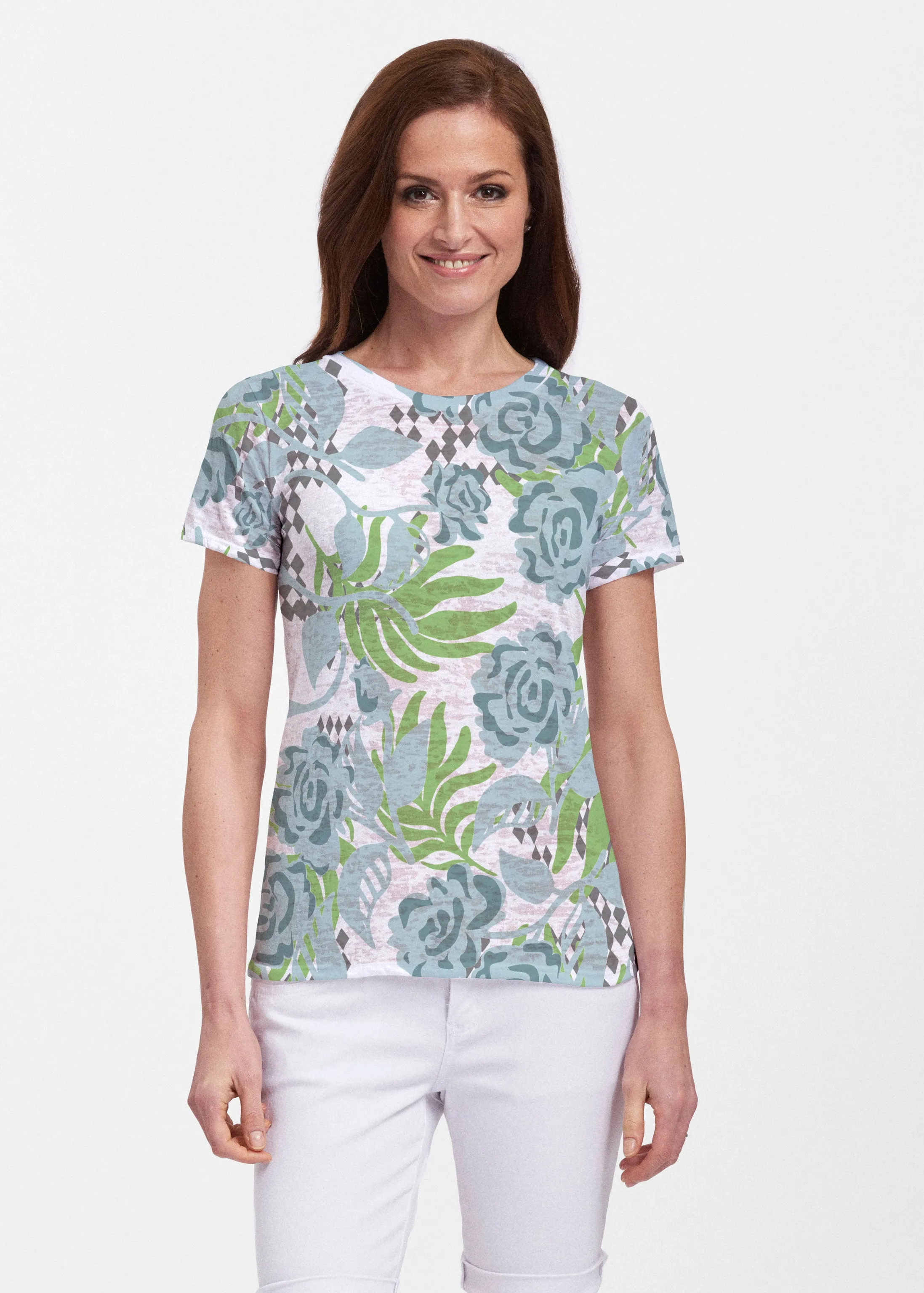 Abstract Rose Garden (7648) ~ Sheer Short Sleeve Crew Shirt