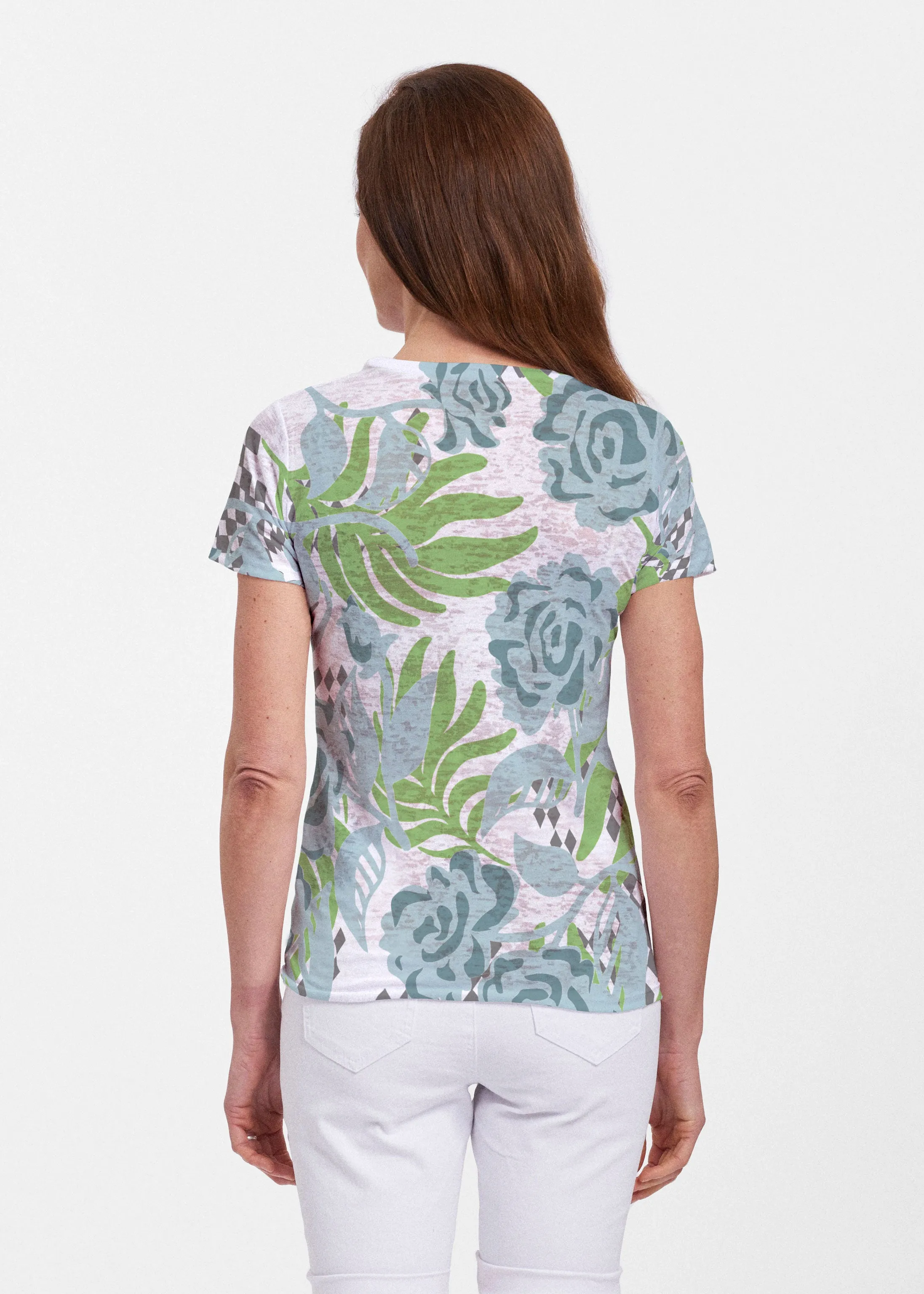 Abstract Rose Garden (7648) ~ Sheer Short Sleeve Crew Shirt
