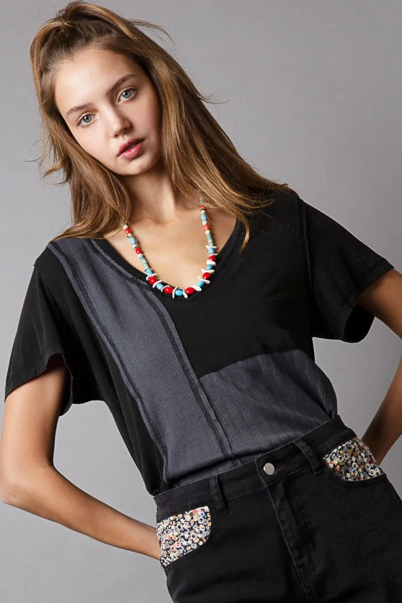Patch Fabric V Neck Top