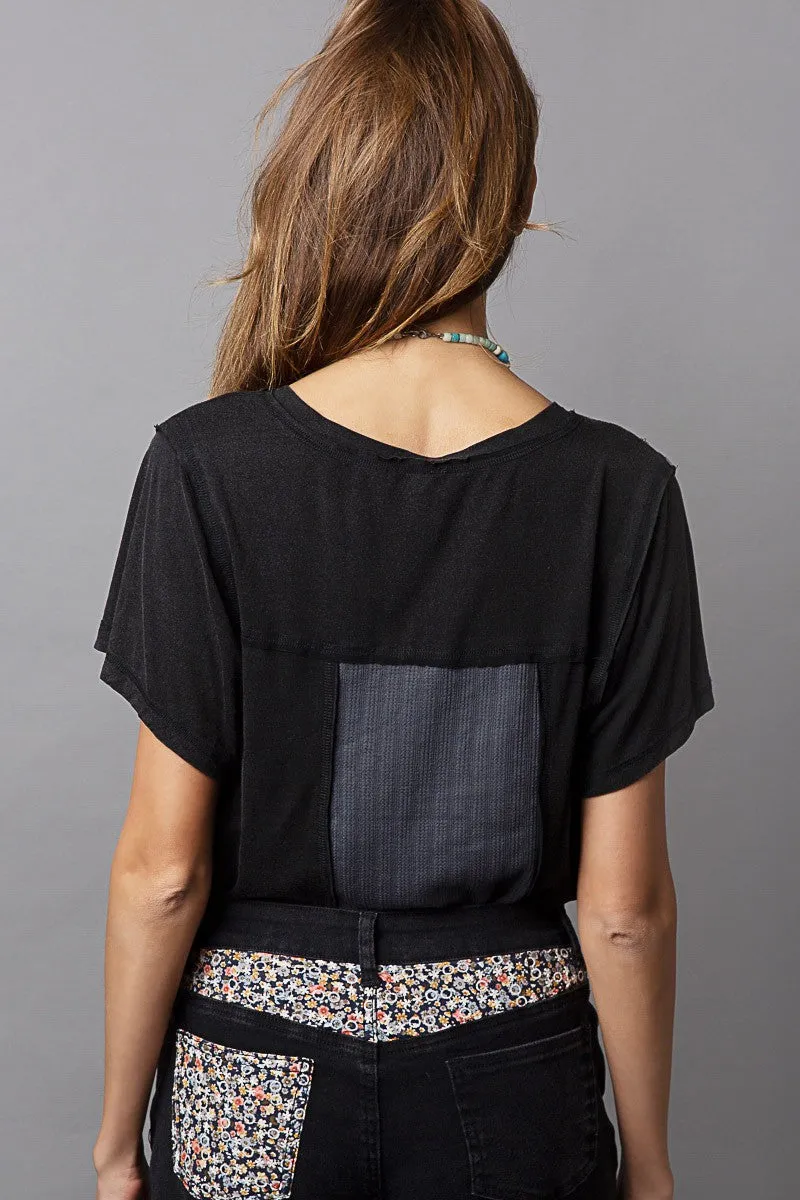 Patch Fabric V Neck Top