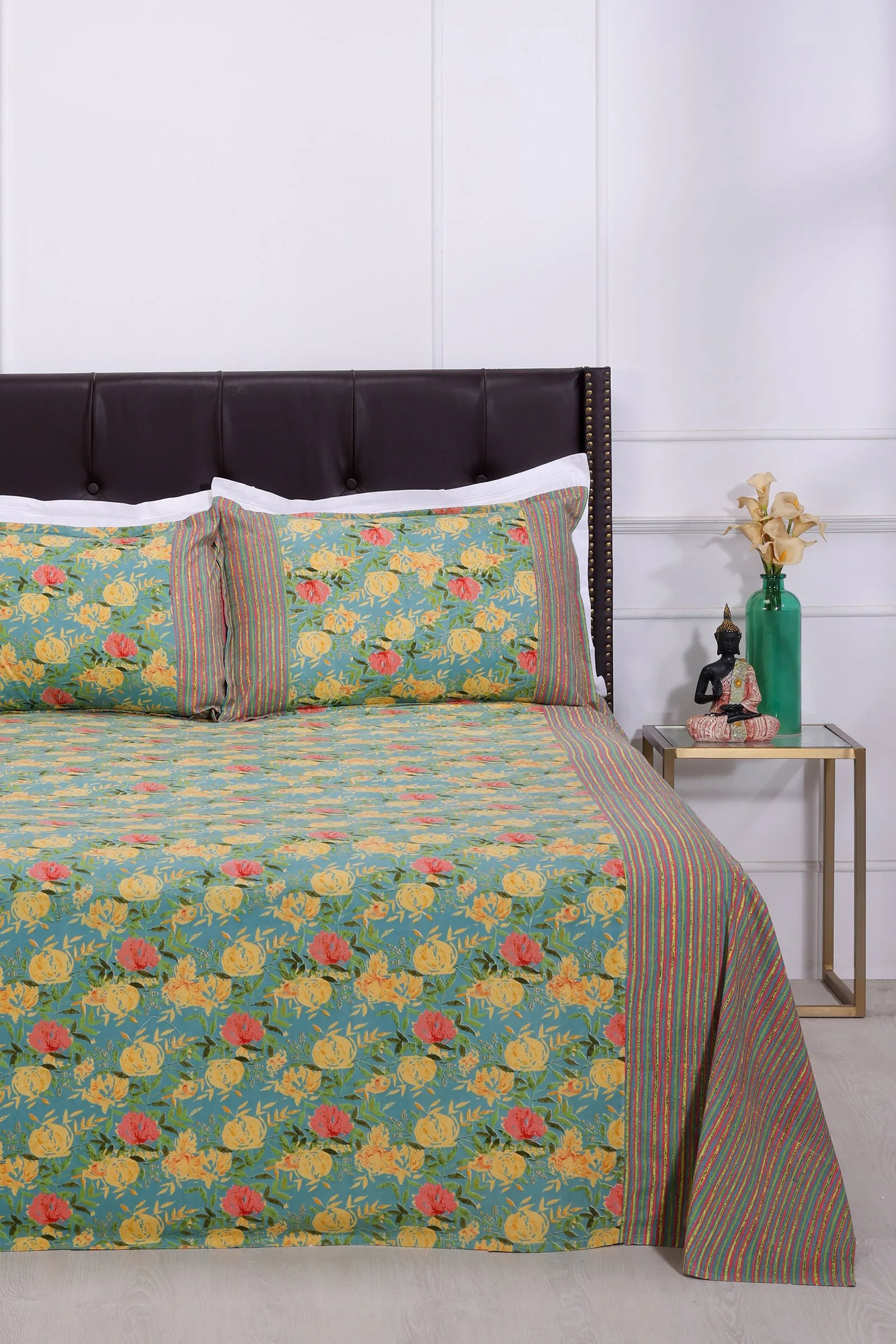 Rose Garden Turquoise Cotton Bedsheet