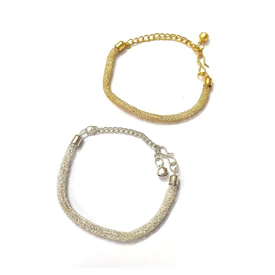 Sparkling Set Of 2 Metallic Mesh Silver And Gold Adjustable Bracelets
