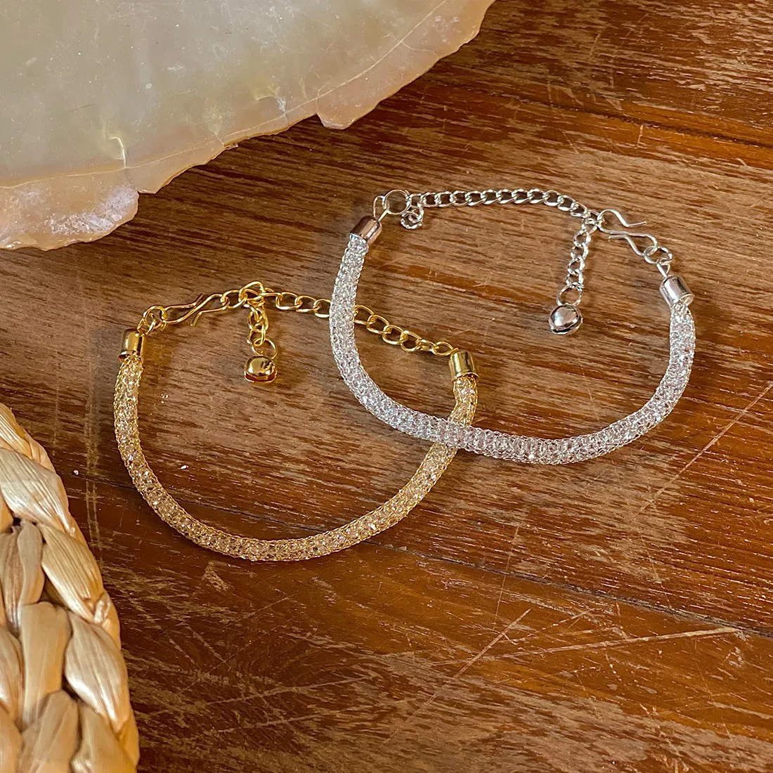 Sparkling Set Of 2 Metallic Mesh Silver And Gold Adjustable Bracelets