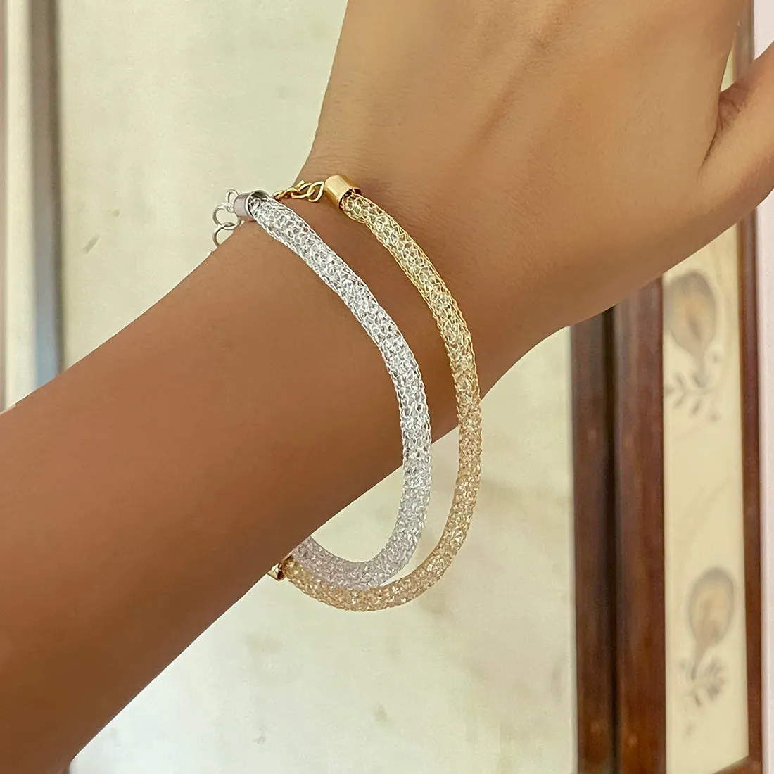 Sparkling Set Of 2 Metallic Mesh Silver And Gold Adjustable Bracelets