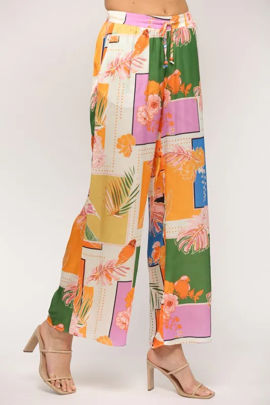 Tropical Print Wide Leg Pants