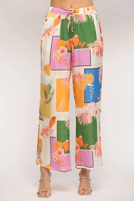 Tropical Print Wide Leg Pants