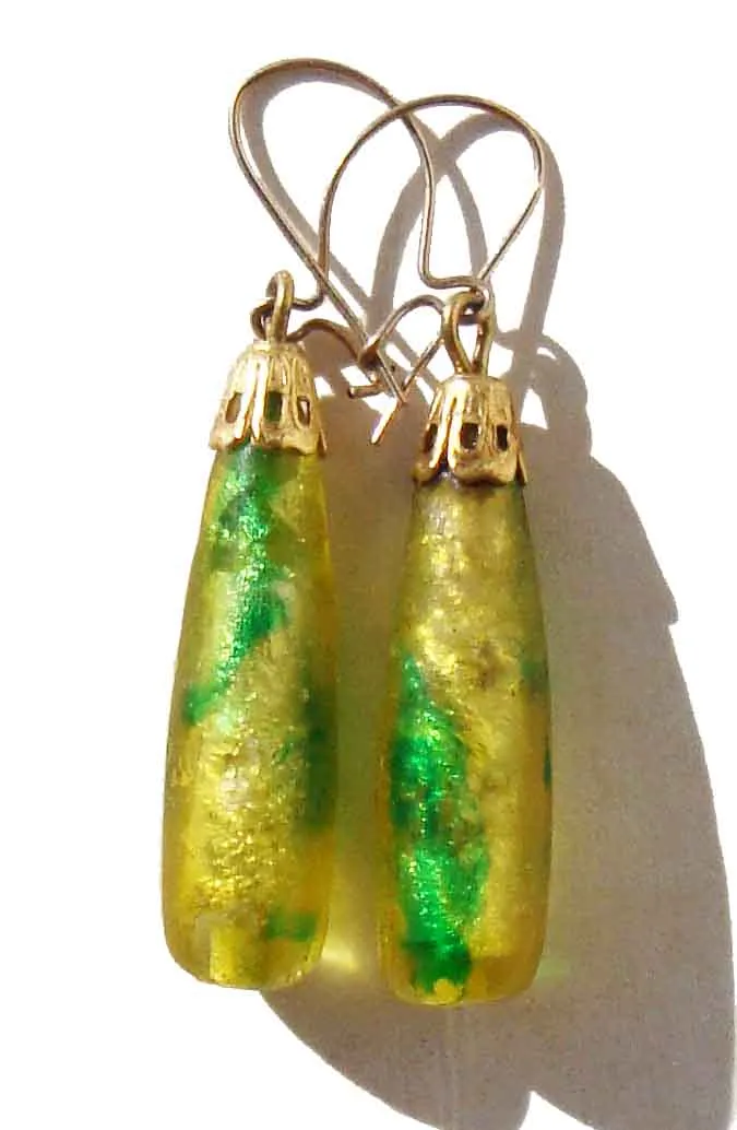 Vintage 60s Earrings Metallic Gold Green Foil Drops
