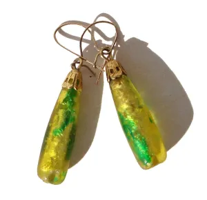 Vintage 60s Earrings Metallic Gold Green Foil Drops