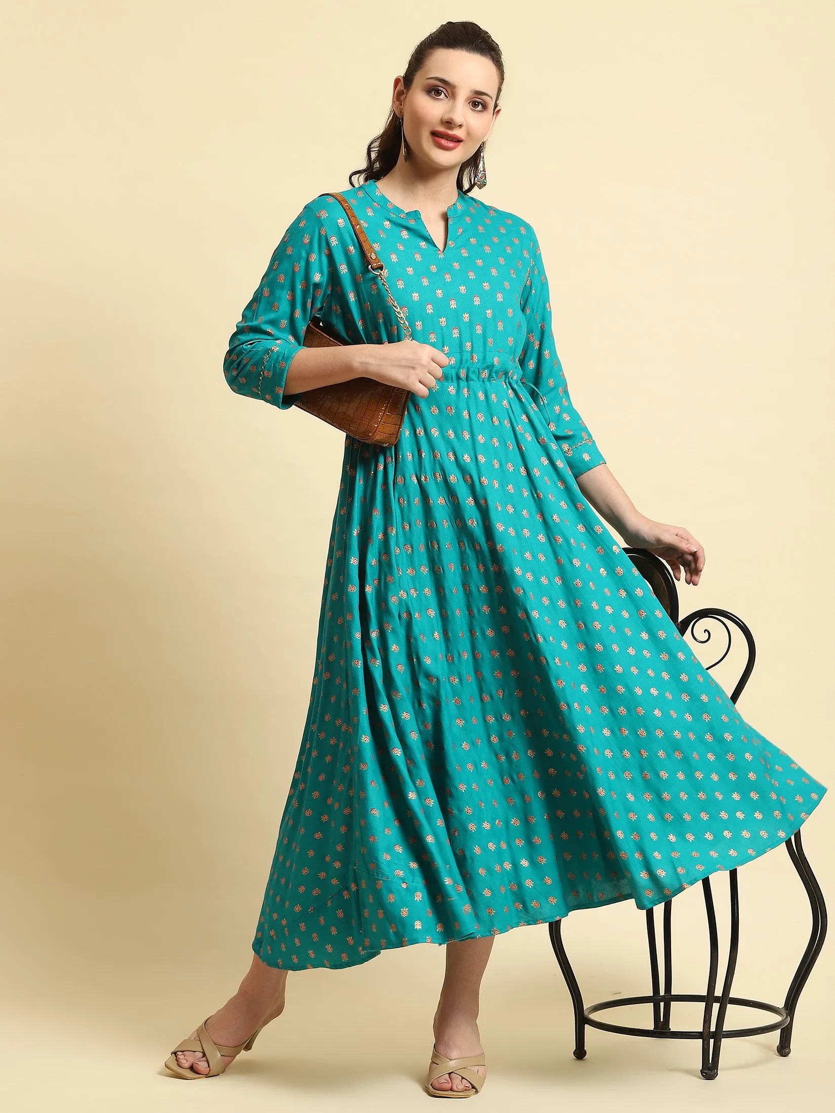 Women Turquoise Blue Floral Printed Dress